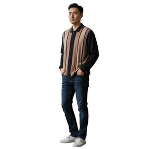 Bachrach Vintage Striped Knit Men's Full Zipper Long Sleeve Silk Blend Sweater